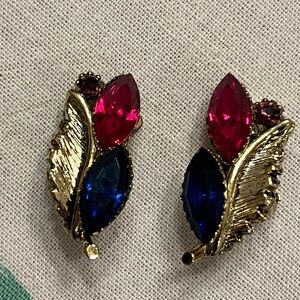 Vintage red and blue marquis shaped faceted glass and leaf clip on earrings
